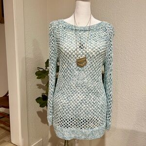 Gap Blue & White Marled Open Knit Long Sleeve Sweater - Size Medium